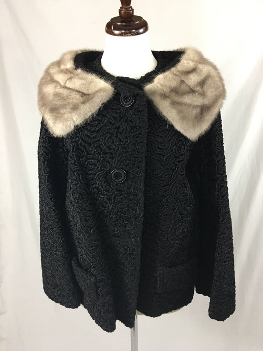 Vtg 60s Astrakin Black Persian Lamb Mink Fur Collar Coat Sz S/M Bell Sleeves