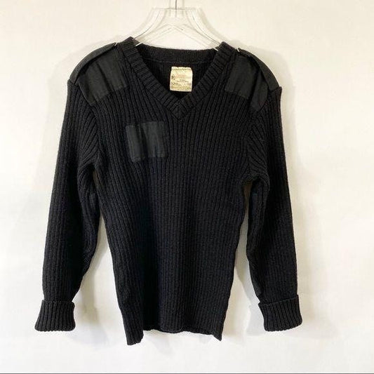 British Brigade Ribbed V-Neck Military Sweater Sz S Black