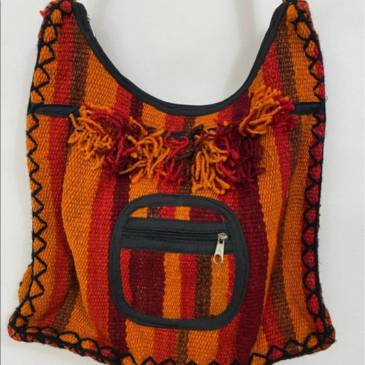 Vintage Handmade Wool Crossbody Bag with Fringe