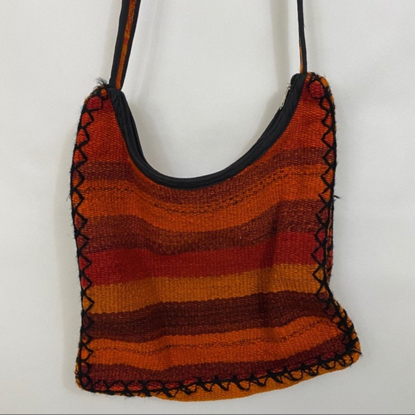 Vintage Handmade Wool Crossbody Bag with Fringe