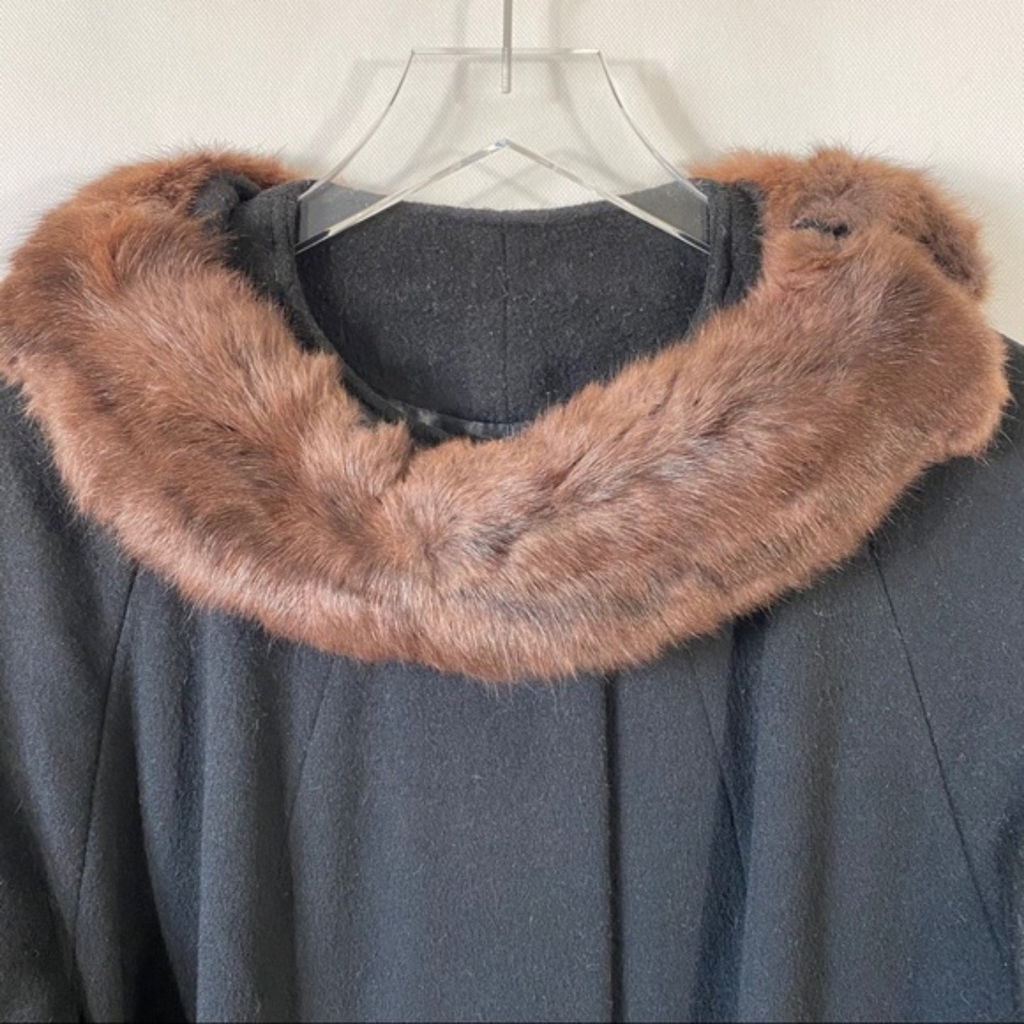 Vtg Black Wool Coat with Mink Fur collar Sz L