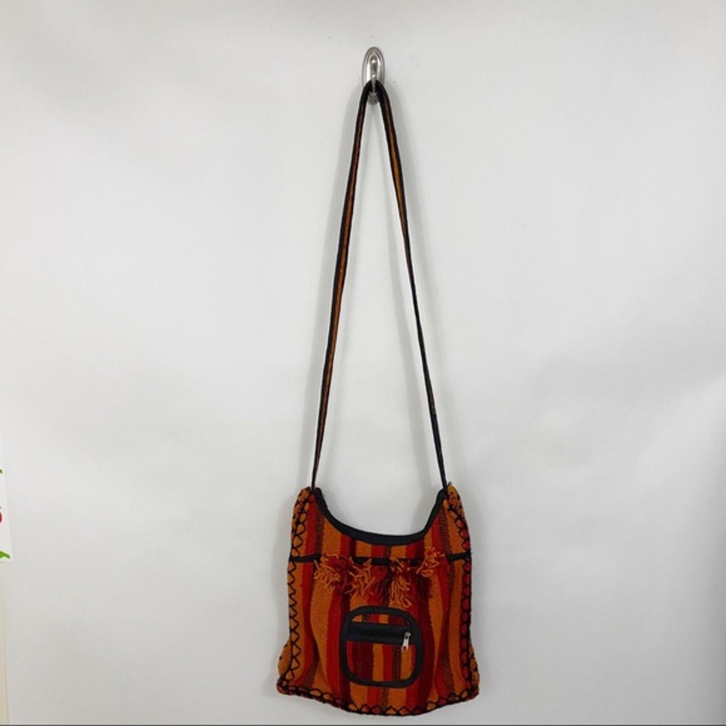 Vintage Handmade Wool Crossbody Bag with Fringe