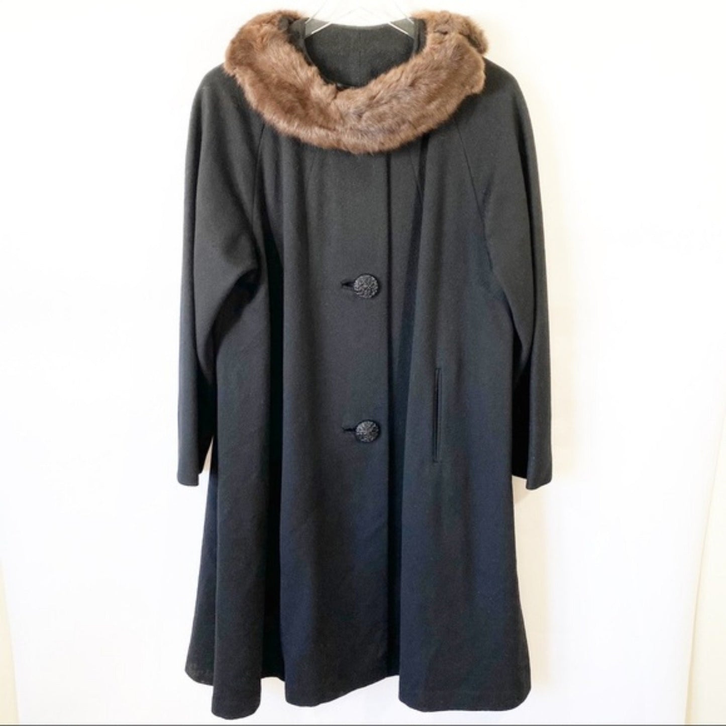 Vtg Black Wool Coat with Mink Fur collar Sz L