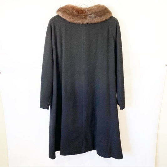 Vtg Black Wool Coat with Mink Fur collar Sz L