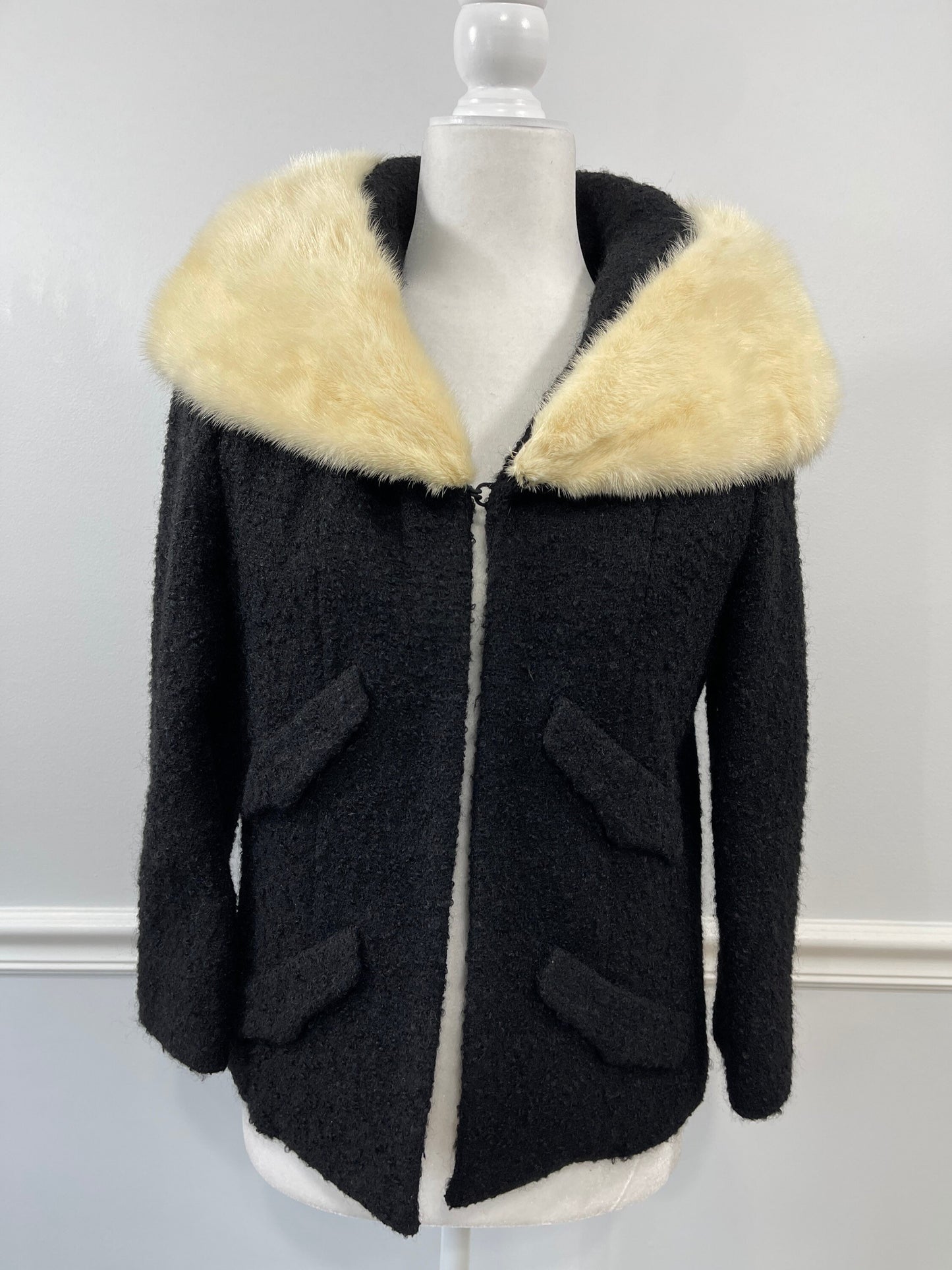 Lilli Ann Blonde Mink Collar Nubby Black Wool Jacket sz XS/S