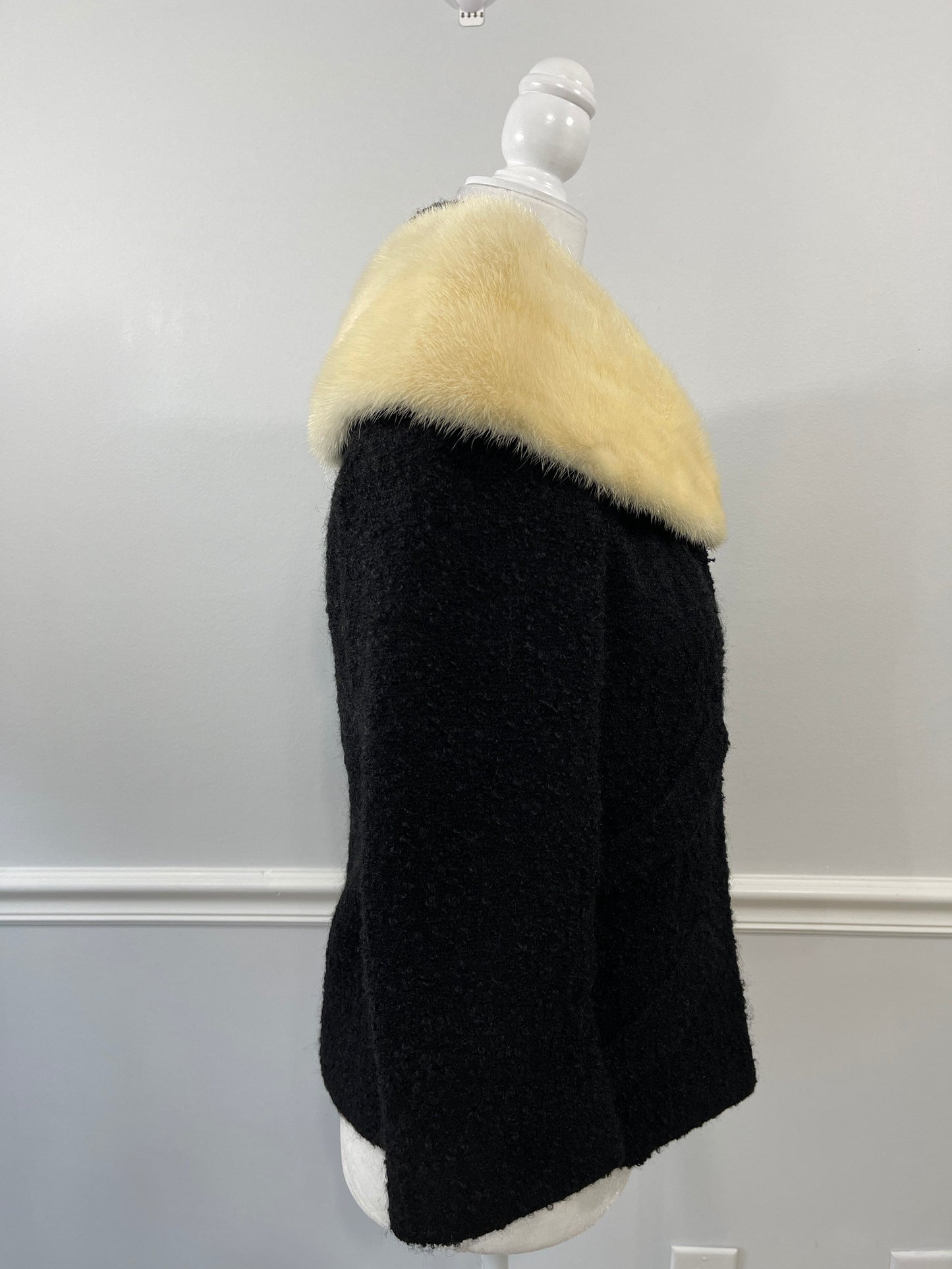 Lilli Ann Blonde Mink Collar Nubby Black Wool Jacket sz XS/S