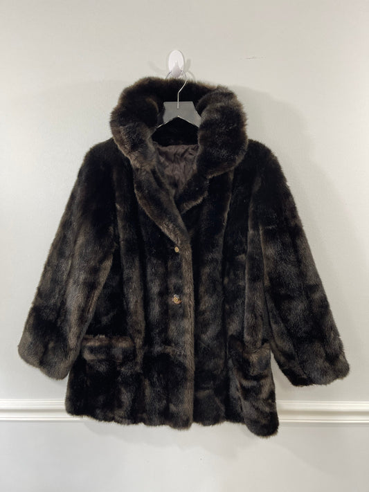 Vtg 80’s Faux Fur Dark Chocolate Brown Mink Coat Sz L/XL