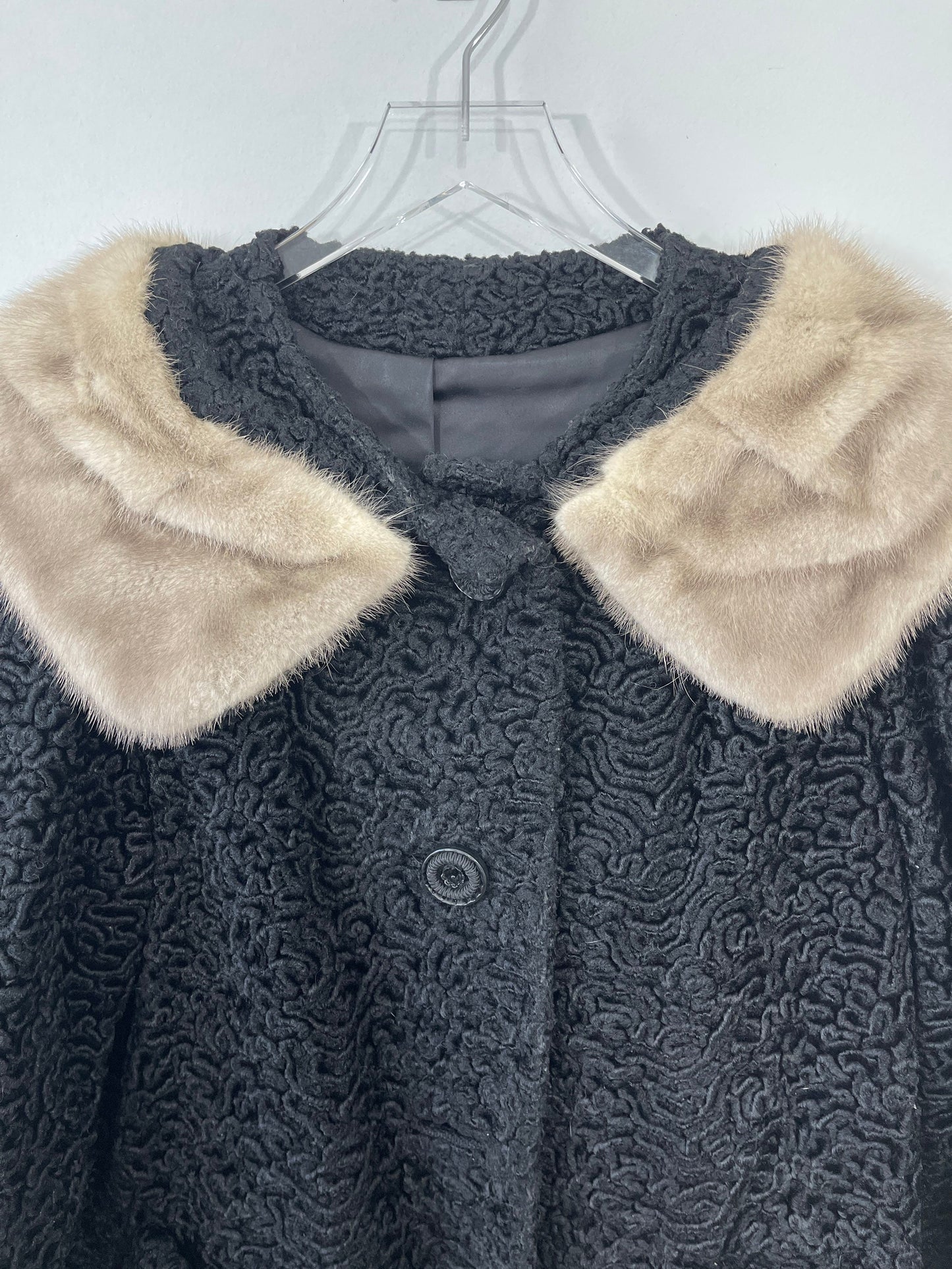 Vtg 60s Astrakin Black Persian Lamb Mink Fur Collar Coat Sz S/M Bell Sleeves