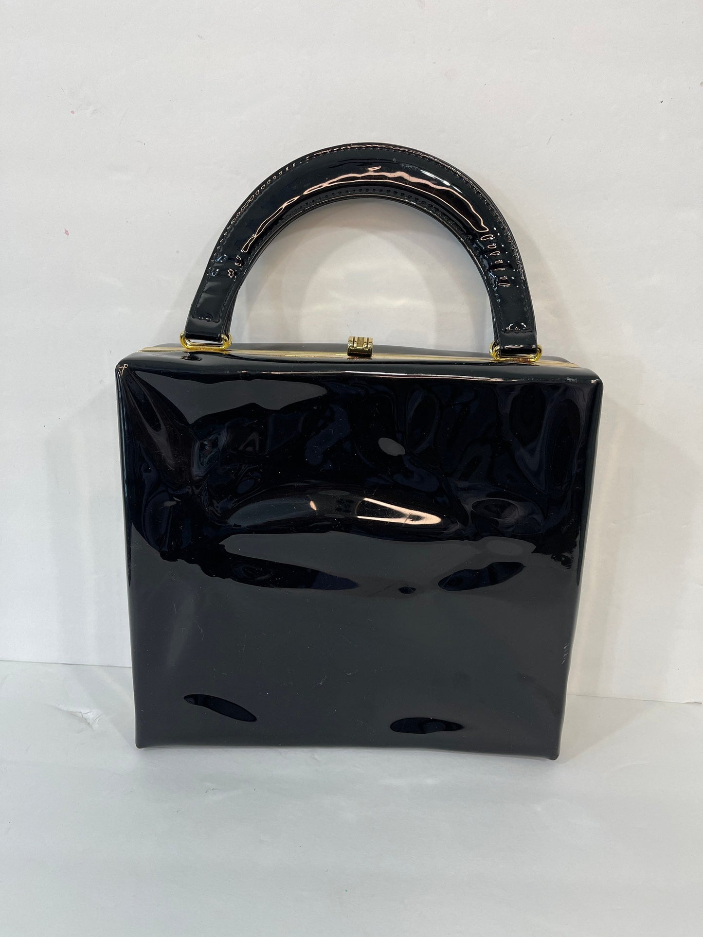 Vtg St. Michael Black Vinyl Patent Leather Look Top Handle Box Tote Bag