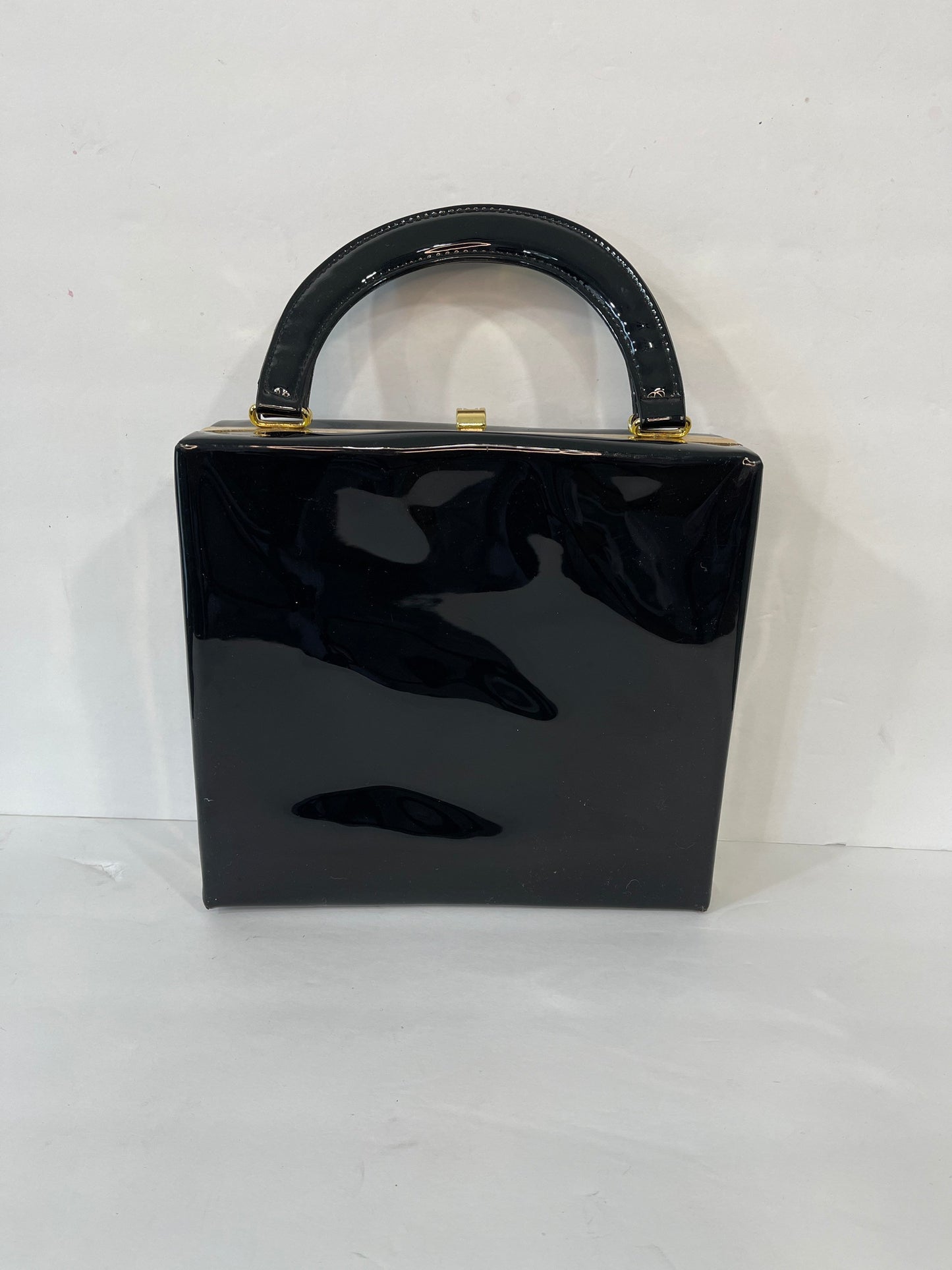 Vtg St. Michael Black Vinyl Patent Leather Look Top Handle Box Tote Bag