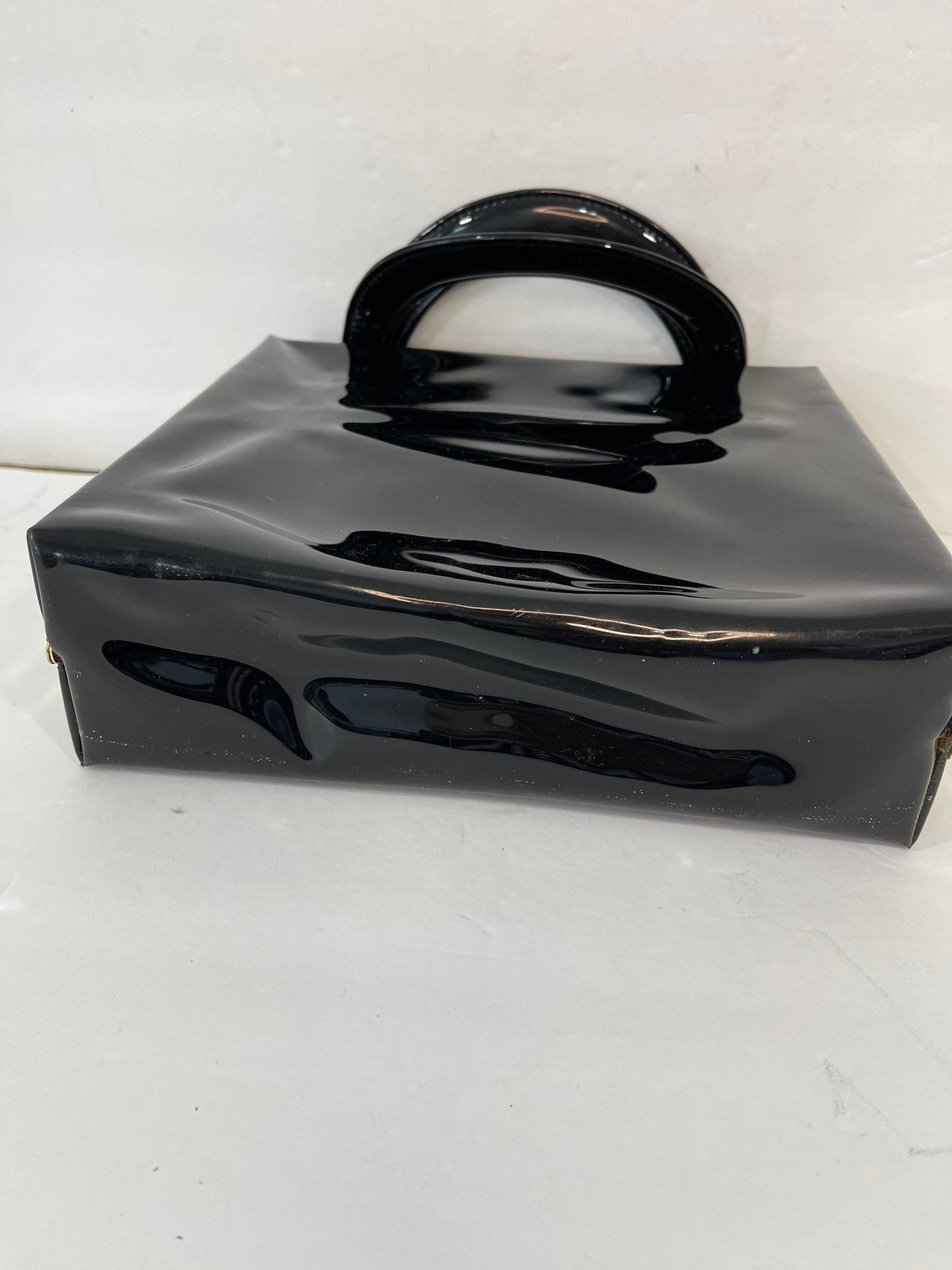 Vtg St. Michael Black Vinyl Patent Leather Look Top Handle Box Tote Bag