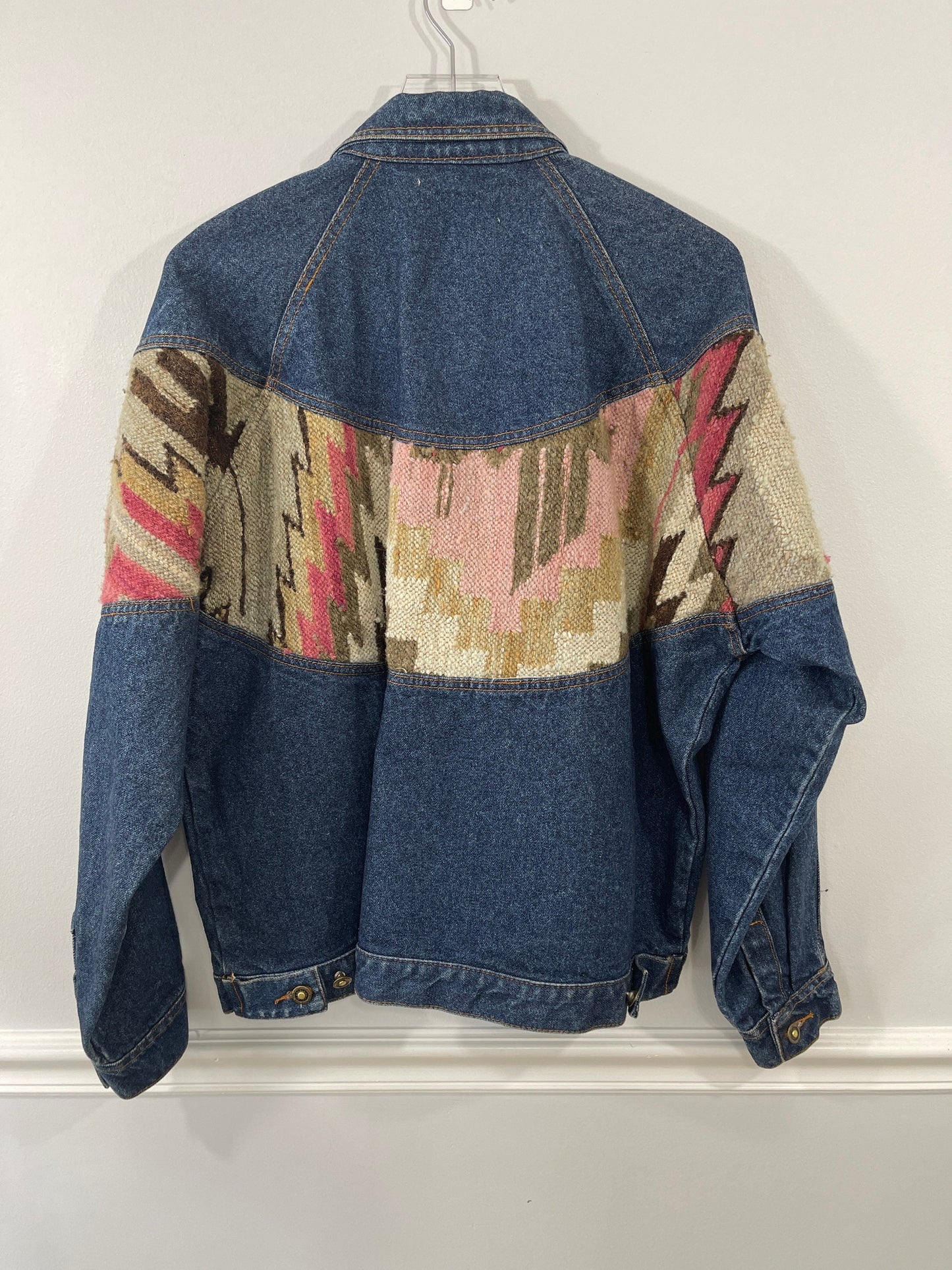 Vtg Quipos Wool Cotton Blend Denim Jacket with Southwestern Panel