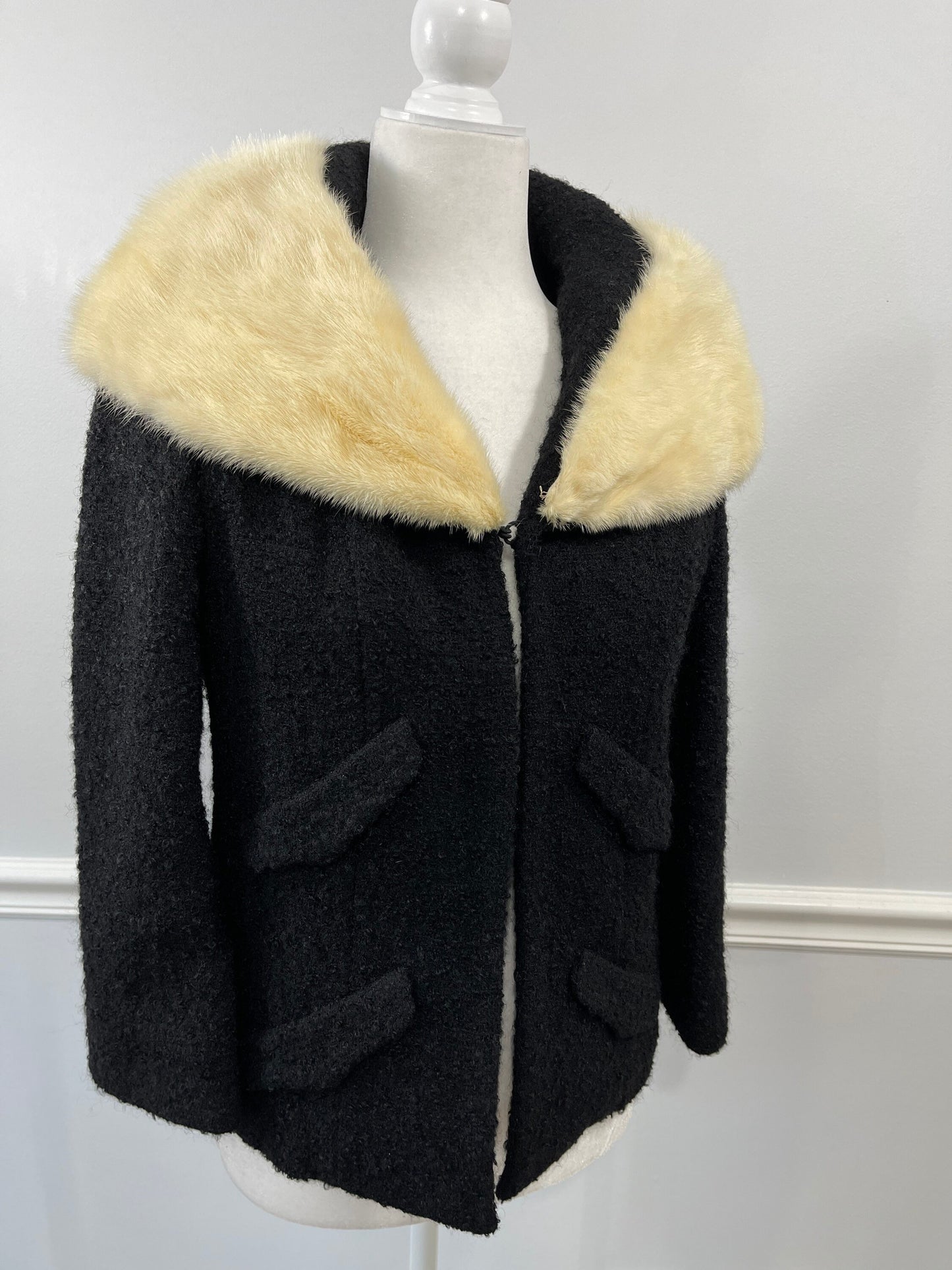 Lilli Ann Blonde Mink Collar Nubby Black Wool Jacket sz XS/S