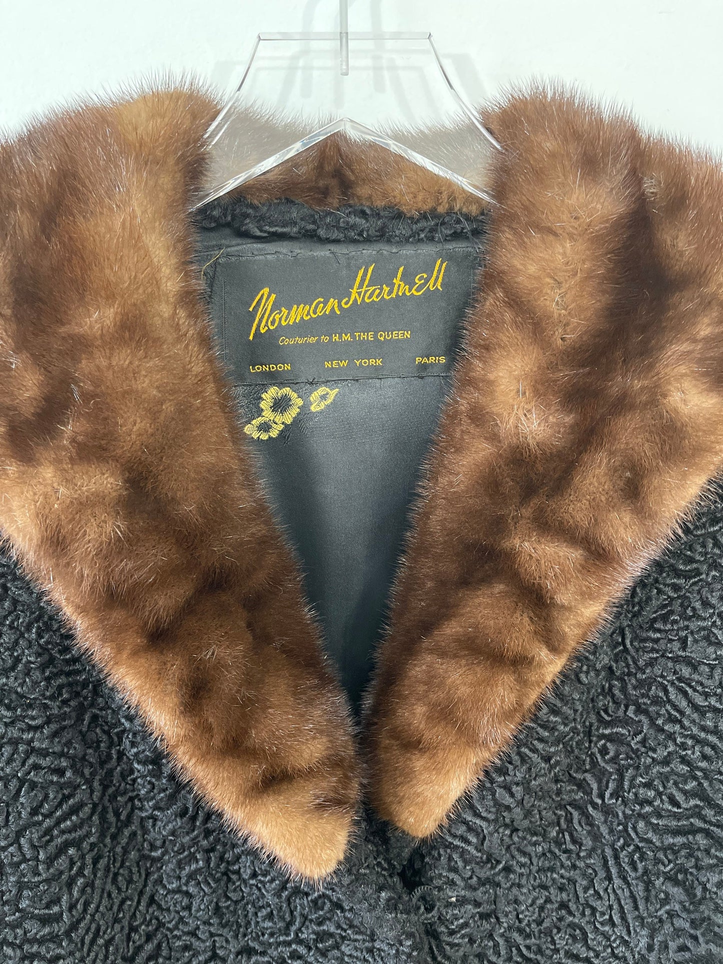 1960’s Norman Hartnell Black Curly Persian Lamb Fur Wool Coat Sz M/L