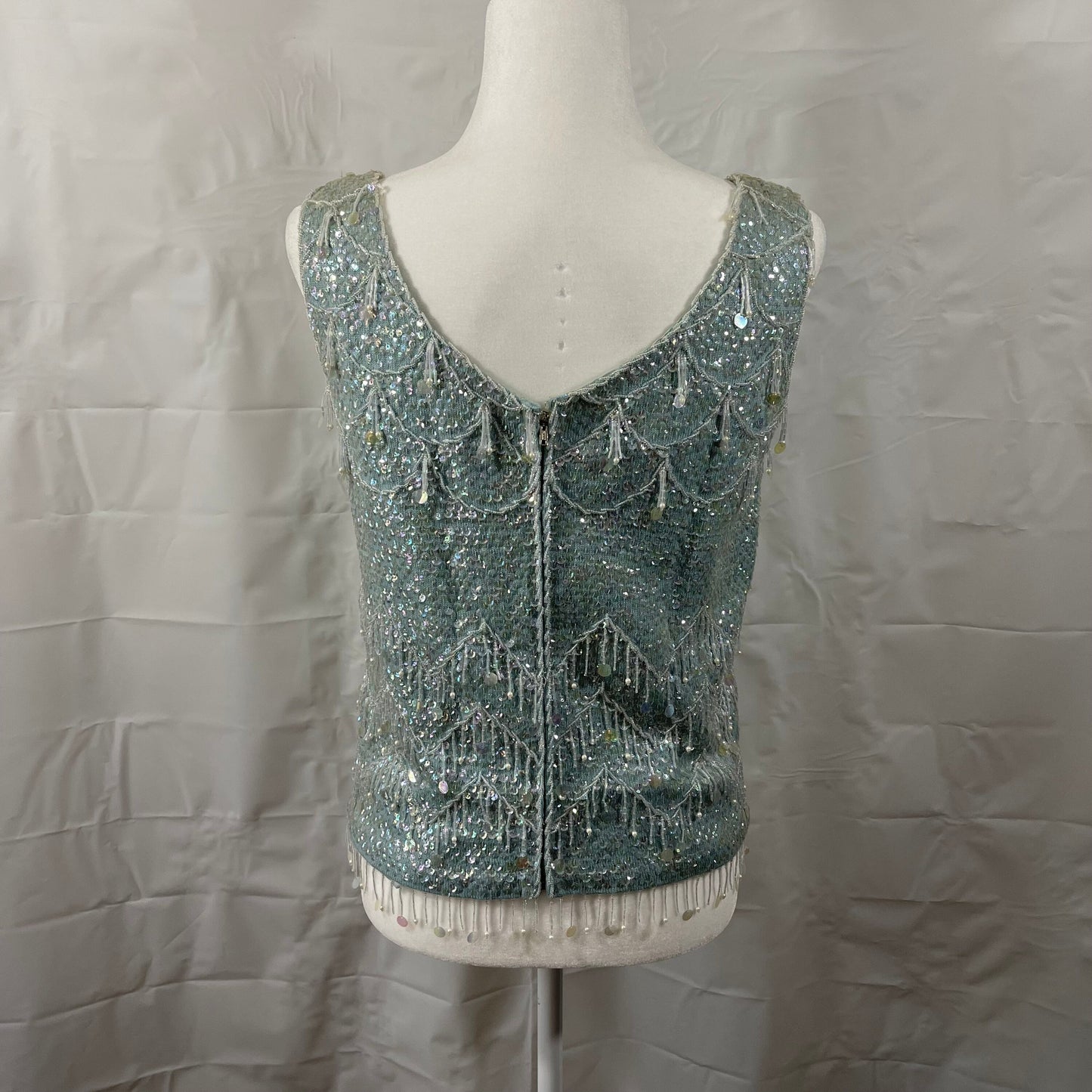 Vtg 60’s Imperial Seafoam Green Wool Beaded and Sequined Sleeveless Seeater Sz M