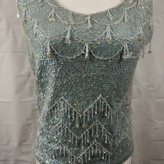 Vtg 60’s Imperial Seafoam Green Wool Beaded and Sequined Sleeveless Seeater Sz M