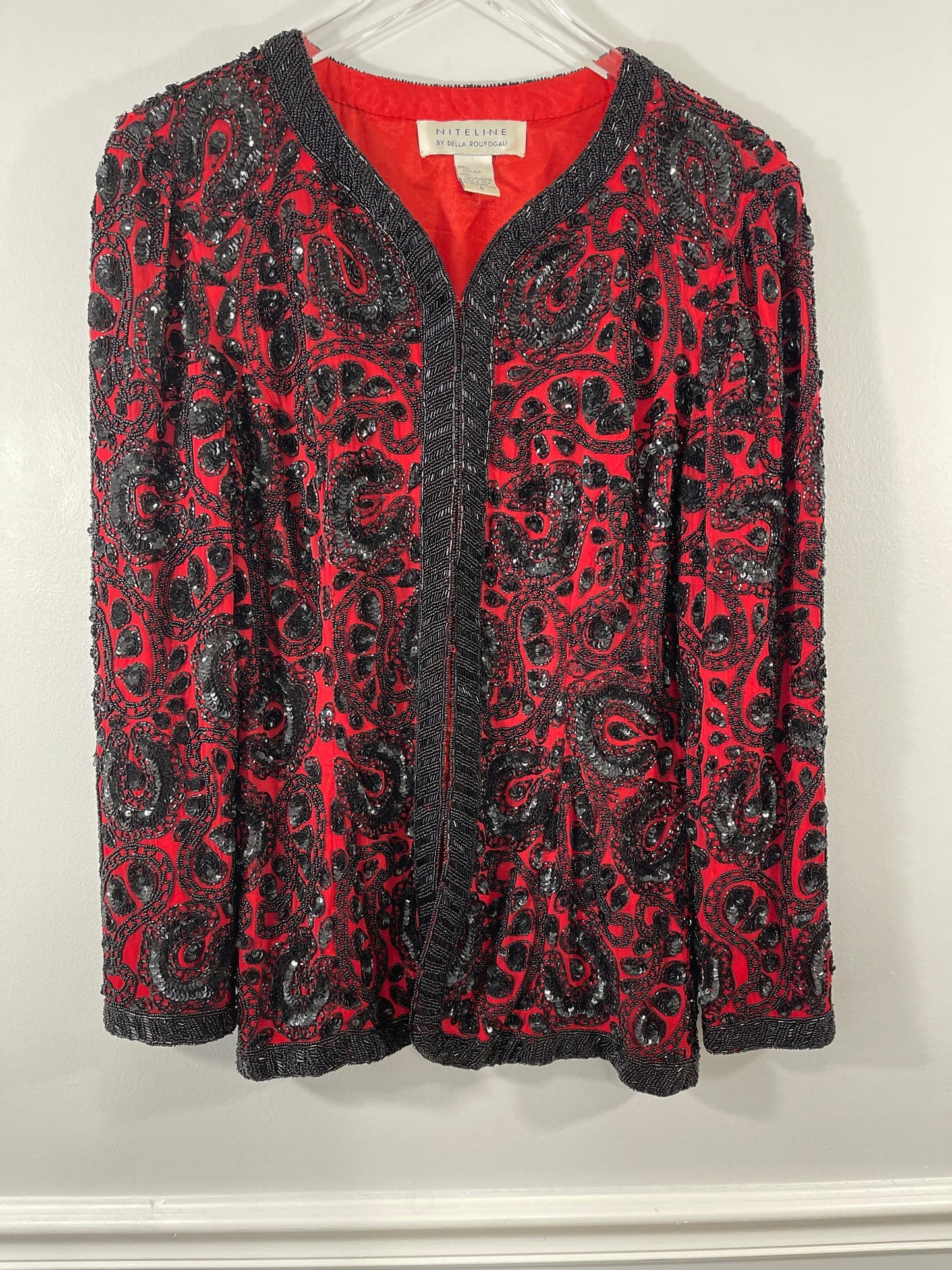 Niteline by della Roufogali Red & Black Silk beaded and sequined Jacket Sz L