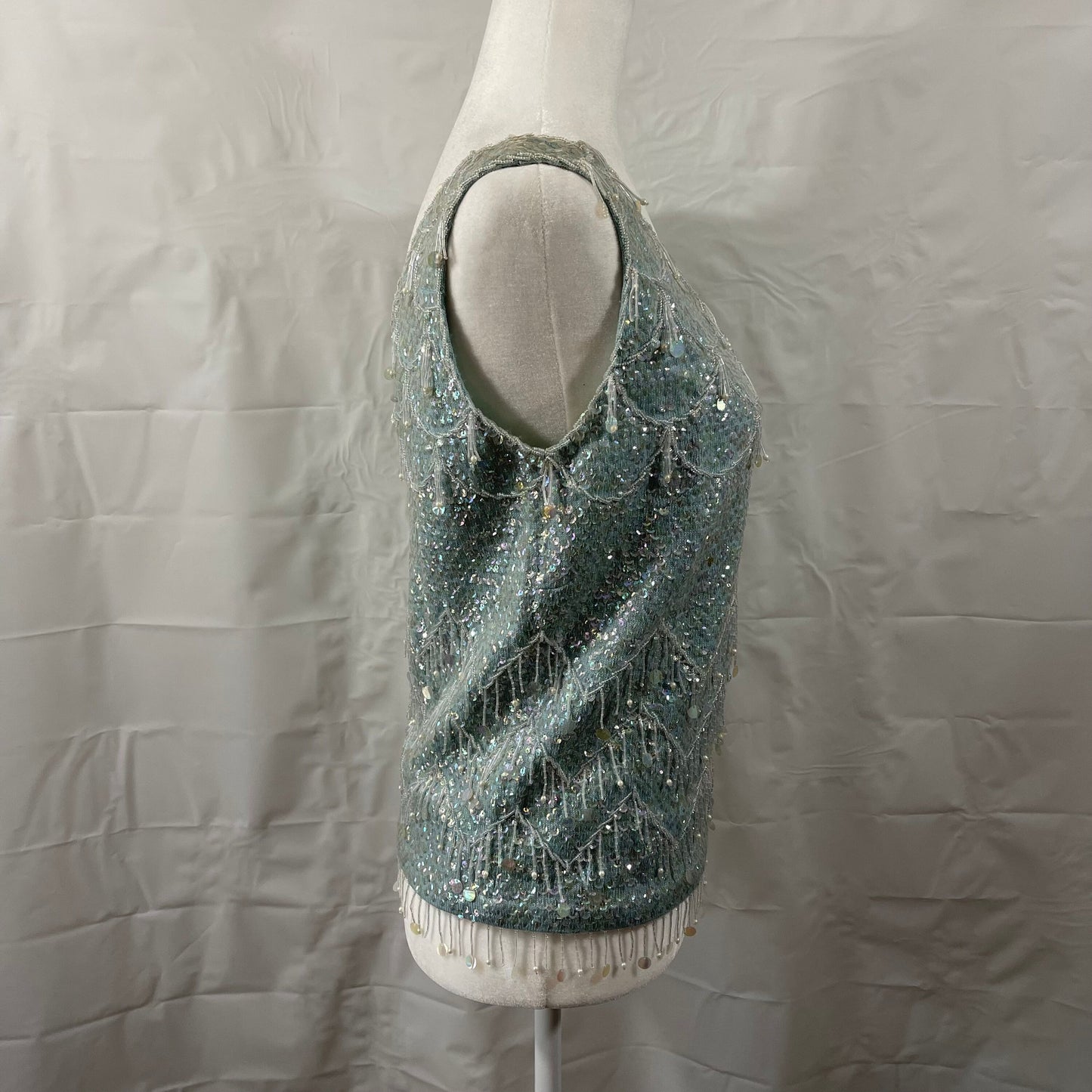 Vtg 60’s Imperial Seafoam Green Wool Beaded and Sequined Sleeveless Seeater Sz M