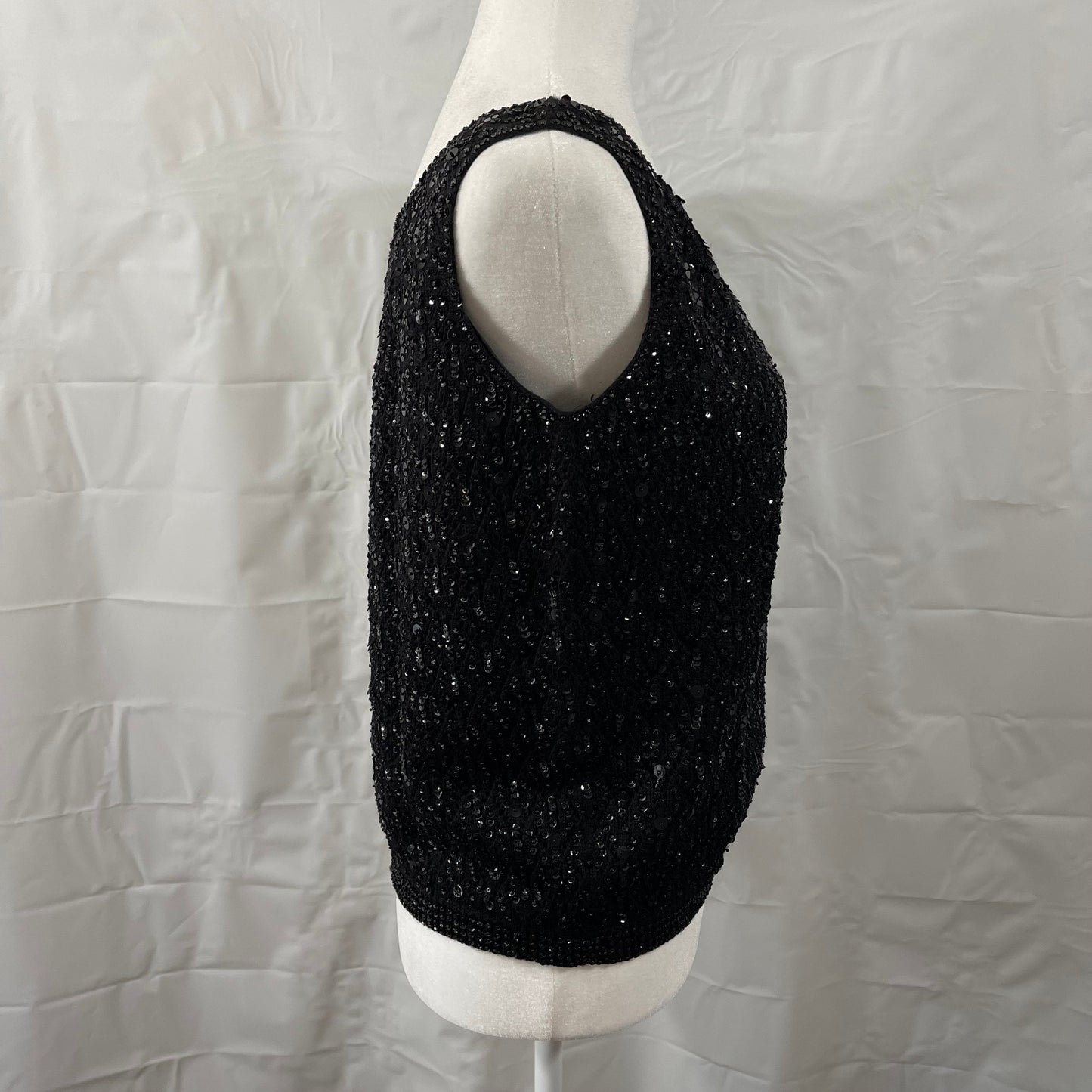 Vtg B Altman Deadstock Black Wool Sleeveless Sequined & Beaded Sweater