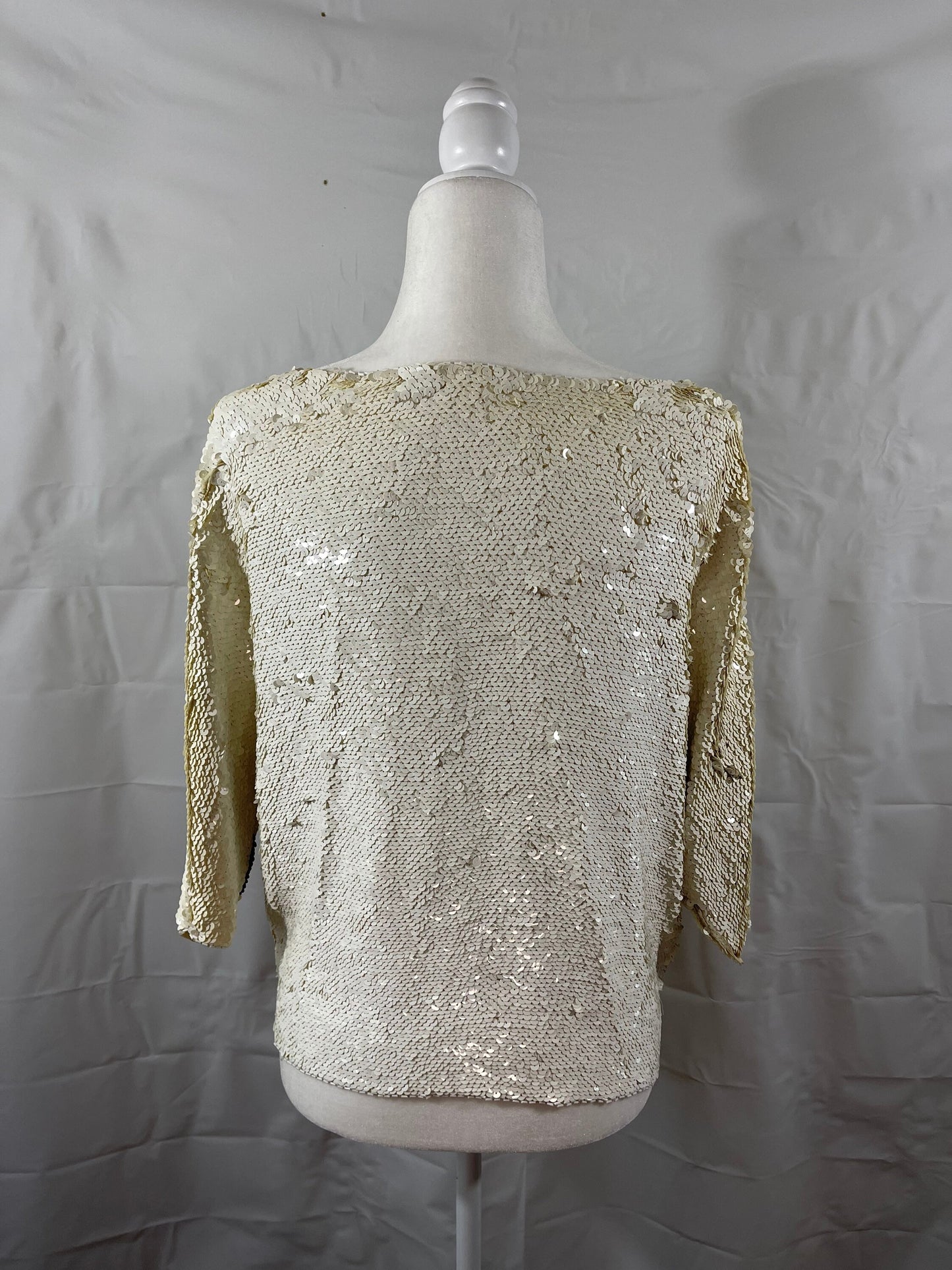 Vtg White Sequined & Beaded Dolman Sleeve Silk Top Sz M