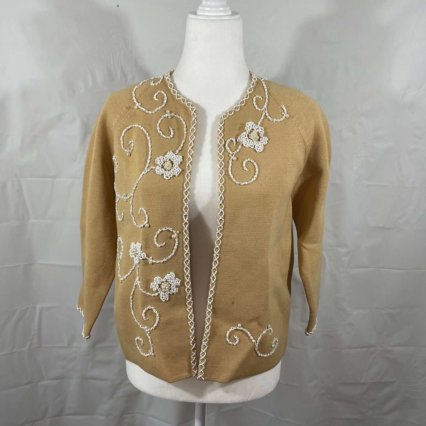 Vtg 60’s Alexander’s Wool Beaded Open Front Cardigan Sweater sz 14